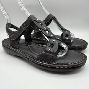 Born Womens Black Leather Braided Studded T-Strap Comfort Sandals Size 10